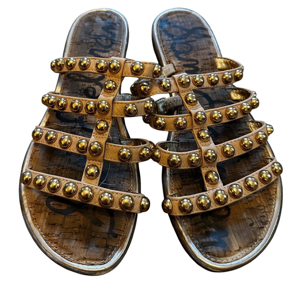 Sam Edelman Elowen Gold Studded Multi Strap Cork Slide Sandals Tan Womens 7